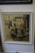 Street scene with figures and donkey outside a cafe, oil on canvas laid onto board.