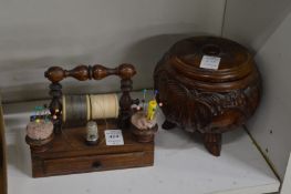 A small Victorian rosewood sewing compendium and a carved wood bowl and cover.
