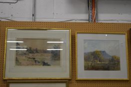 Rodney Symmons, Tasmanian pastoral watercolour and another watercolour of a bridge over a river.