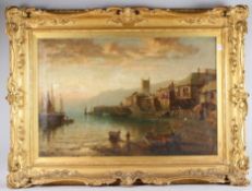 19TH CENTURY ENGLISH SCHOOL. A NORTH OF ENGLAND SLEEPY HARBOUR SCENE with figures rowing and fishing