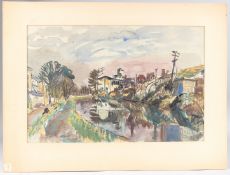 GEORGE HOOPER (1910-1994) View of a waterway with path and buildings, Ink and watercolour, signed