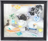 MARGARET HARMSWORTH (1928-2007) Still life with assorted items and cat, oil on canvas, 53cm x 64.