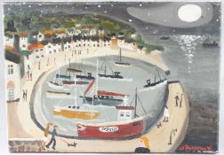 ALAN FURNEAUX Moonlit view of fishing boats in a harbour, oil on canvas, signed, unframed, 25cm x