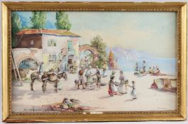 PABLO MARTINADO (1856-1937) Coastal town with figures trading fish, watercolour, signed, 28.5cm x
