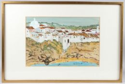 CONTINENTAL SCHOOL (20TH CENTURY) Holiday makers in a bay with white washed village beyond,