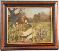 GRIGORI AZIZYAN (ARMENIAN 1923-2008) Children seated on a tree across a stream, oil on board,