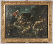 AFTER CAJETAN ROOS A Shepherdess with her flock, oil on canvas, 65cm x 70cm