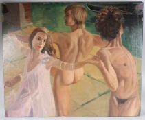 BRITISH SCHOOL (MID 20TH CENTURY) Two naked men and a woman dancing on a riverbank, oil on canvas,