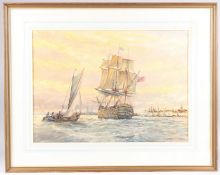 DAVID E BEER 'HMS Victory approaching Portsmouth Harbour' watercolour, signed, signed and