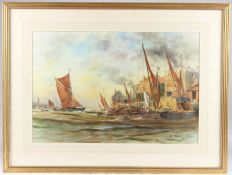S THOMPSON (BRITISH CONTEMPORARY) 'The Thames' view of sailing barges and wharfs, watercolour,