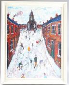 SIMON STAFFORD (b.1956) 'Sunday School' Street in Manchester, oil on board, signed, inscribed and