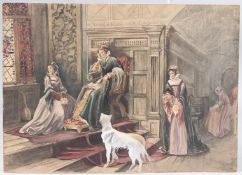 19TH CENTURY SCHOOL Interior scene of a medieval house with a seated woman and attendants,