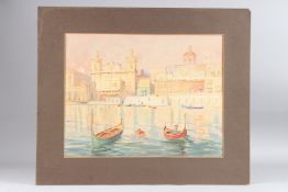 ATTRIBUTED TO EDWARD CARVANA DINGLI A section of the Grand Harbour Malta, watercolour, unframed,