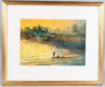 CECIL RICE Fishermen on a South Asian river at sunset, watercolour, signed, 24cm x 34cm