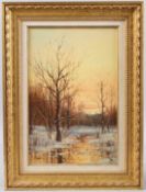 YURI KRASILNIKOV (RUSSIAN 20TH CENTURY) 'Winter Light' oil on board, signed, inscribed verso, 32cm x
