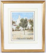 L. RUSSELL CONWAY (b.1882) figure standing beside a Dutch Cape style house, watercolour, signed