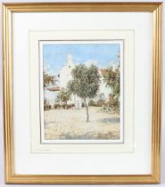 L. RUSSELL CONWAY (b.1882) figure standing beside a Dutch Cape style house, watercolour, signed