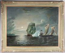 MARITIME SCHOOL (LATE 19TH / EARLY 20TH CENTURY) Moonlit scene of a pirate attacking a ship. oil