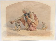ORIENTAL SCHOOL (19TH CENTURY) Crouching street figure with tethered monkeys, watercolour, unframed,