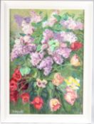 NATALIA ZARUBA (1915-2008) Lilacs and tulip flowers, oil on board, signed, 67.5cm x 47cm