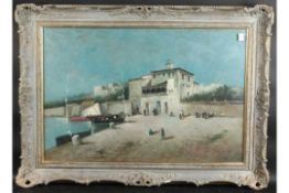 G. MATIE. Continental scene with figures and boats, oil on canvas, signed, 59cm x 89cms