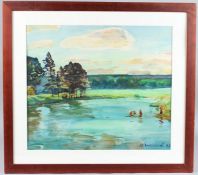 NICKOLAY ELTYSHEV (1922-2012) Summer Fun, view of swimmers in a lake, watercolour, signed and