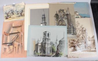 HERMIONE HAMMOND (1910-2005) collection of seven drawings, mostly buildings, pastels, charcoal and