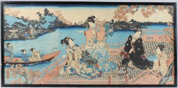 UTAGAWA KUNISADA View of a lake with ladies on a verandah, coloured woodblock triptych print, signed