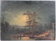 19TH CENTURY SCHOOL Moonlit scene of women by a riverbank, oil on panel, unframed, 40cm x 55cm