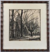 JOSEPH VAN DE WALL PERNE (1877-1941) The church at Monnickendam, Netherlands, woodcut print,