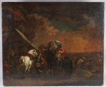 ATTRIBUTED TO JAN VAN HUCHTENBURGH Group of figures on horseback taking a rest at country ale house,