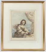 AFTER FRANCESCO BARTOLOZZI Woman holding a bowl, possibly Judith, coloured engraving, 26cm x 21.5cm