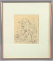 PAUL SANDBY MUNN (1773-1845) Two women at a cottage doorway steps, pencil and watercolour wash,