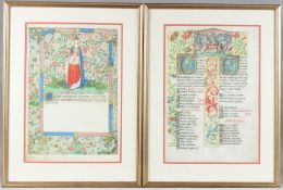 TWO REPLICA ILLUMINATED MANUSCRIPTS for the Guild of Skinners, London, framed, 40cm x 28cm