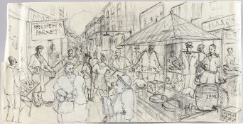 CIRCLE OF E H SHEPARD Busy post war market scene, possibly London, pencil, ink and collage,