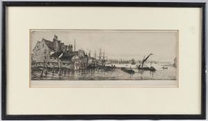 CHARLES WILLIAM SHERBORN (1831-1912) 'The Tar Brewers, Limehouse' Etching, 14.5 x 38.5 cm
