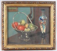 D TRUSCOTT (20TH CENTURY) Still life of a bowl of fruit and a vase, oil on board, signed, 35cm x