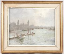 ASHTON CANNELL (1927-1994) View of the River Thames and the Houses of Parliament. oil on canvas