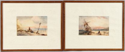 ATTRIBUTED TO HENRY BARLOW CARTER Coastal views at sunset, pair of watercolours, on embossed mounts,
