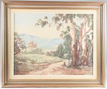 LES REES (AUSTRALIAN 1914-2001) 'Nowra landscape' view of gum trees and hills beyond, oil on