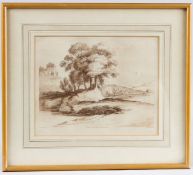CLAUDE LORRAINE view of trees and ruins, sepia etching engraved by Richard Earlom. published by