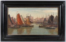 REINER SYBRAND BAKELS (1873-1956) view of boats moored in a harbour, oil on canvas, signed, 35.5cm x