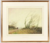 WILLIAM TATTON WINTER (1855-1928) Figures on a windswept country lane, watercolour, inscribed on the