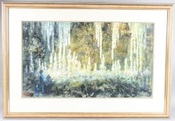 BRITISH SCHOOL (20TH CENTURY) Figures surveying a mystical landscape, acrylic on card, Signed