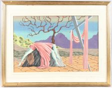 SURREALIST SCHOOL view of an arid landscape with draped female figure, watercolour and gouache, 29cm