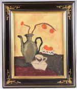 20TH CENTURY SCHOOL Still life of a jug and fruit, oil on canvas, 49.5cm x 39.5cm