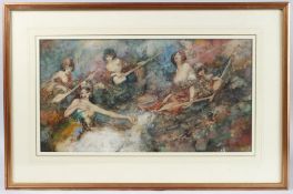 STYLE OF WILLIAM RUSSELL FLINT 'Music' fantasy scene of female musicians and dancer, watercolour,