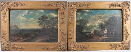 AMERICAN SCHOOL (19TH CENTURY) Landscapes with wagons on country lanes, pair of oils on board,
