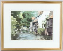 GERALD WOOLLEY The Bonifacious Bridge, Bruges' watercolour, artists label verso, 26cm x 36.5cm