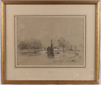 ATTRIBUTED TO HENRY BRIGHT Dredger on a broadland river, charcoal heightened with white, 25cm x
